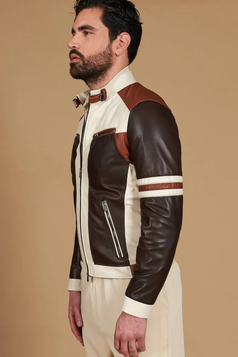 Uomo D'Arienzo Roberto - Giacca in pelle beige multicolor trapuntata sulle spalle design patch