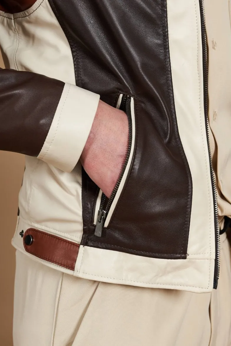 Uomo D'Arienzo Roberto - Giacca in pelle beige multicolor trapuntata sulle spalle design patch