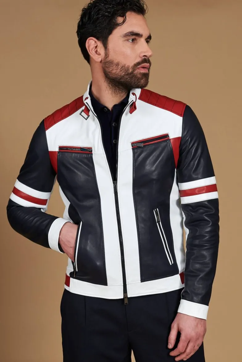 Uomo D'Arienzo Roberto - Giacca in pelle bianca multicolor trapuntata sulle spalle design patch