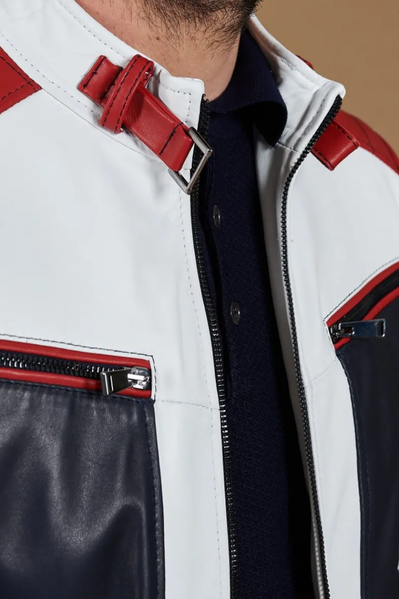 Uomo D'Arienzo Roberto - Giacca in pelle bianca multicolor trapuntata sulle spalle design patch