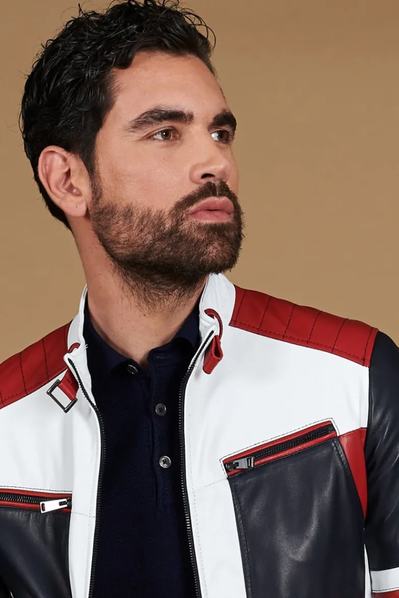 Uomo D'Arienzo Roberto - Giacca in pelle bianca multicolor trapuntata sulle spalle design patch