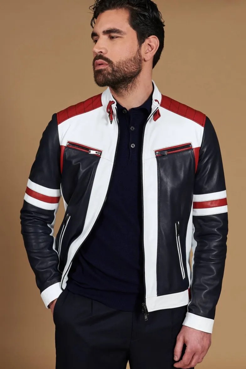 Uomo D'Arienzo Roberto - Giacca in pelle bianca multicolor trapuntata sulle spalle design patch