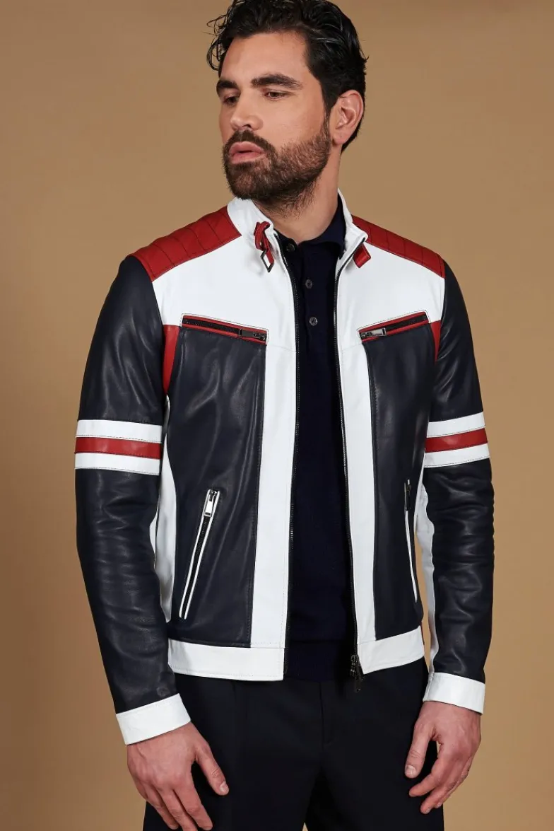 Uomo D'Arienzo Roberto - Giacca in pelle bianca multicolor trapuntata sulle spalle design patch