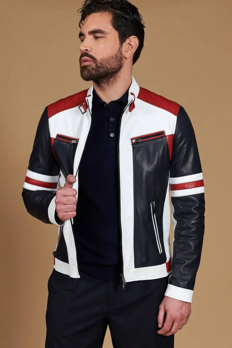 Uomo D'Arienzo Roberto - Giacca in pelle bianca multicolor trapuntata sulle spalle design patch