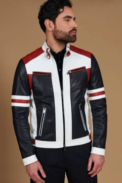 Uomo D'Arienzo Roberto - Giacca in pelle bianca multicolor trapuntata sulle spalle design patch