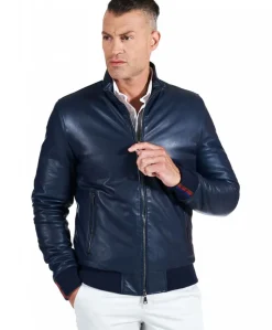 Uomo D'Arienzo Roy - Bomber imbottito in pelle nappa blu collo coreana con cerniera