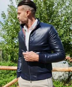 Uomo D'Arienzo Roy - Bomber imbottito in pelle nappa blu collo coreana con cerniera