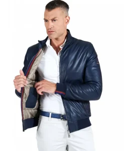 Uomo D'Arienzo Roy - Bomber imbottito in pelle nappa blu collo coreana con cerniera