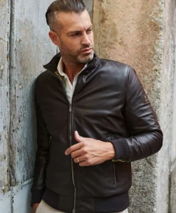 Uomo D'Arienzo Roy - Bomber imbottito in pelle nappa marrone collo coreana con cerniera