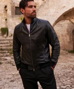 Uomo D'Arienzo Roy - Piumino bomber in pelle nera collo coreana con cerniera