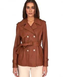 Donna D'Arienzo Saelle - Giacca in pelle color cuoio doppio petto con cintura