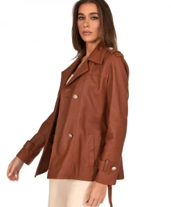 Donna D'Arienzo Saelle - Giacca in pelle color cuoio doppio petto con cintura