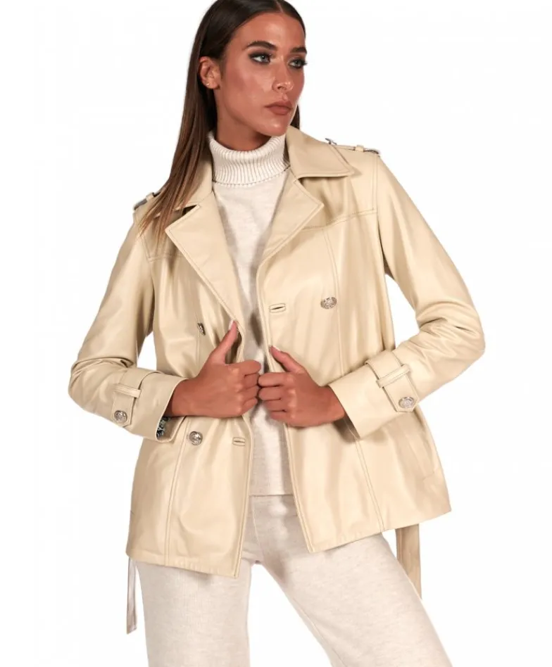 Donna D'Arienzo Saelle - Giacca in pelle color crema doppio petto con cintura