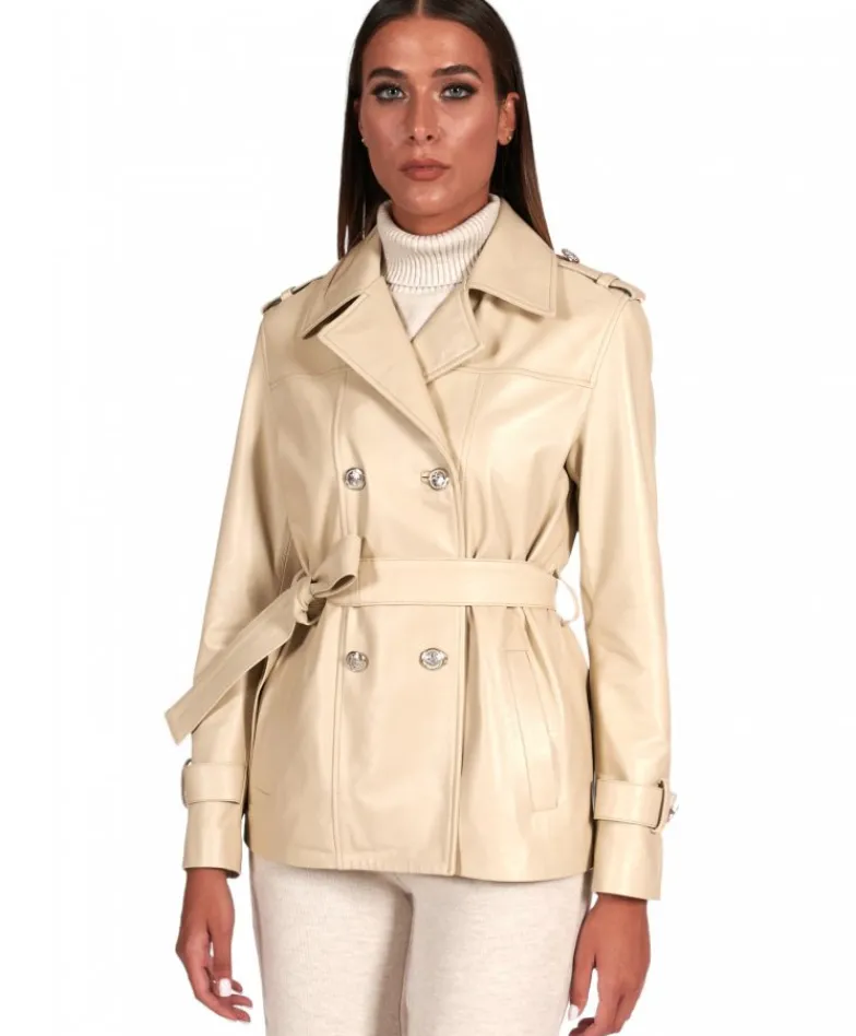 Donna D'Arienzo Saelle - Giacca in pelle color crema doppio petto con cintura