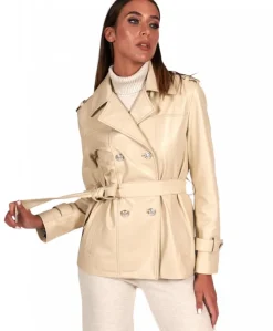 Donna D'Arienzo Saelle - Giacca in pelle color crema doppio petto con cintura