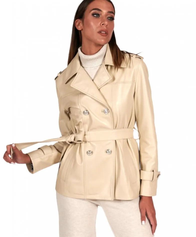Donna D'Arienzo Saelle - Giacca in pelle color crema doppio petto con cintura