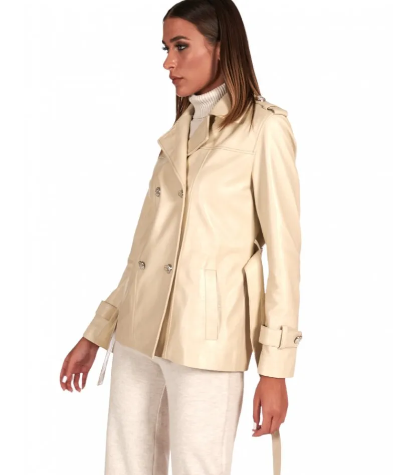 Donna D'Arienzo Saelle - Giacca in pelle color crema doppio petto con cintura