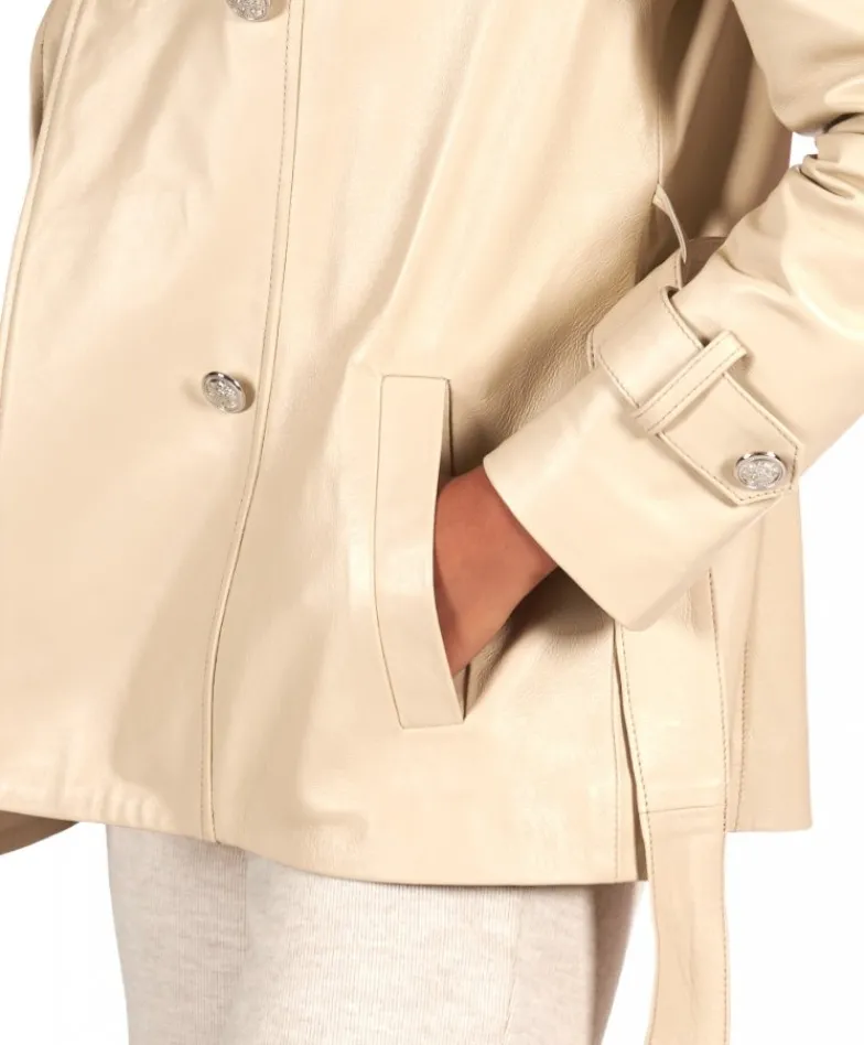 Donna D'Arienzo Saelle - Giacca in pelle color crema doppio petto con cintura