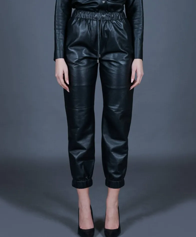 Donna D'Arienzo Sanda_E - Pantalone sfoderato in pelle nera con elastico