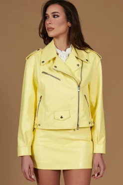 Donna D'Arienzo Sarah - Giacca chiodo in pelle giallo pastello vestibilità comoda