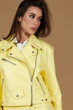 Donna D'Arienzo Sarah - Giacca chiodo in pelle giallo pastello vestibilità comoda