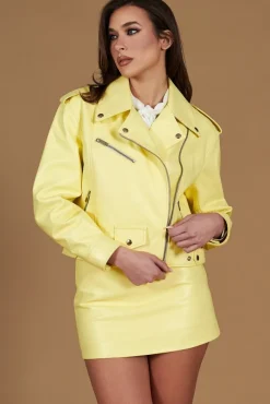 Donna D'Arienzo Sarah - Giacca chiodo in pelle giallo pastello vestibilità comoda