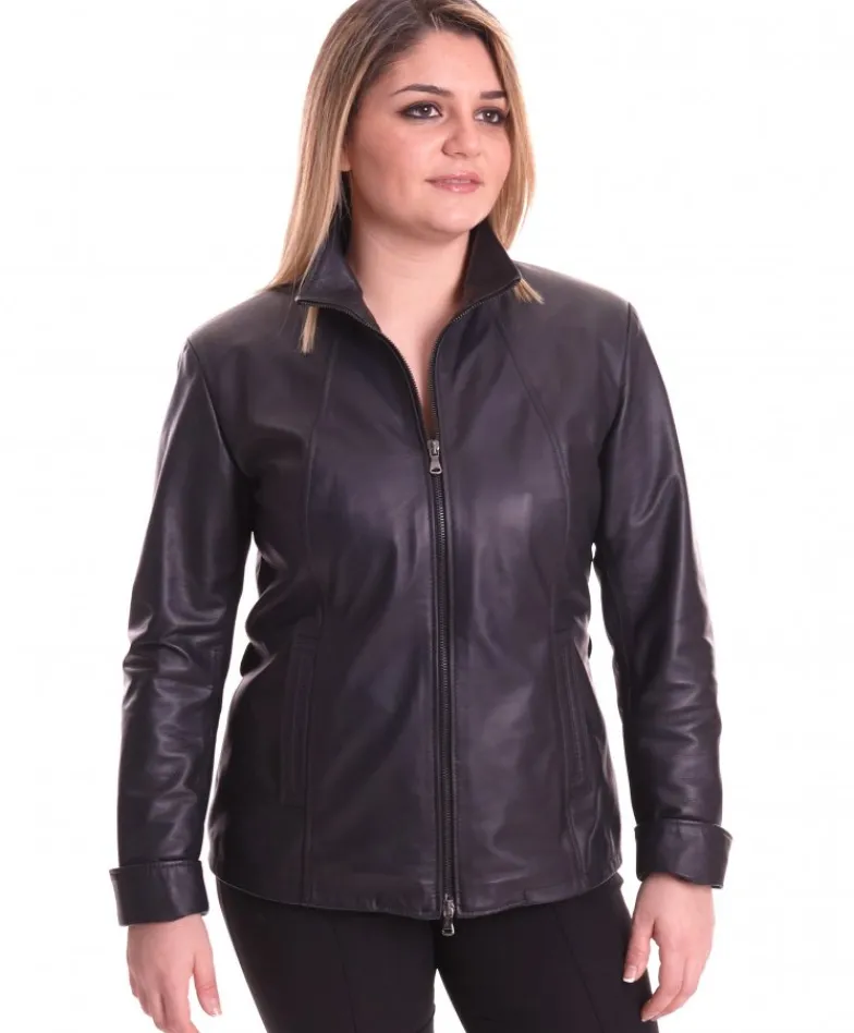 Donna D'Arienzo Sasha - Giacca in pelle nera taglie forti nappa effetto liscio