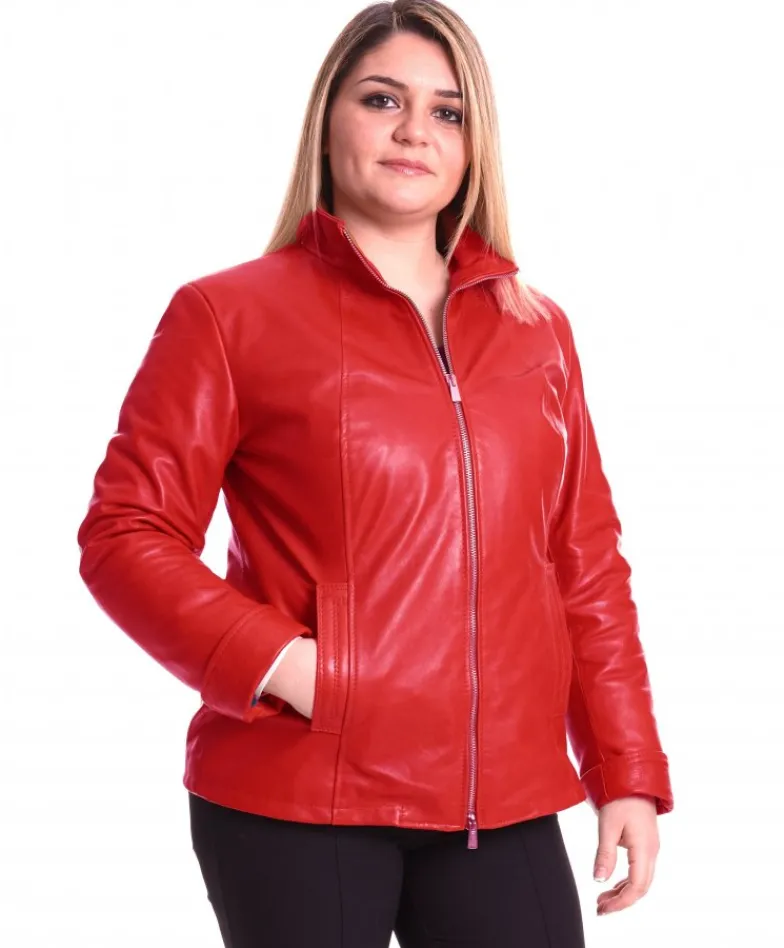Donna D'Arienzo Sasha - Giacca in pelle rossa taglie forti nappa effetto liscio