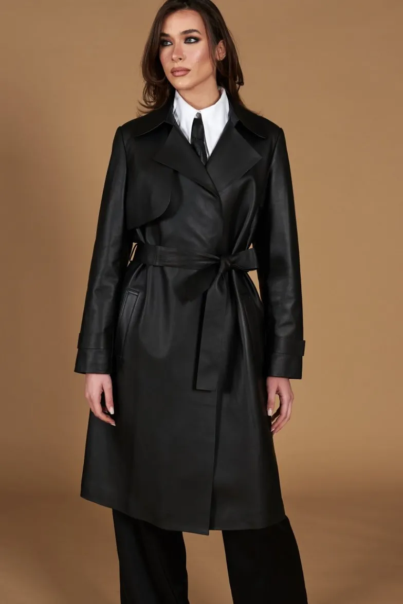Donna D'Arienzo Sienna - Cappotto in pelle nera nappa effetto liscio con cintura