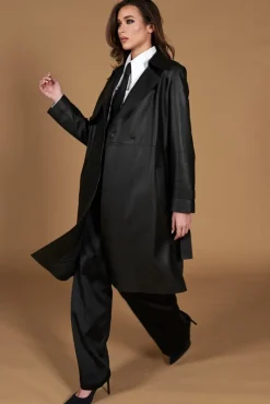 Donna D'Arienzo Sienna - Cappotto in pelle nera nappa effetto liscio con cintura