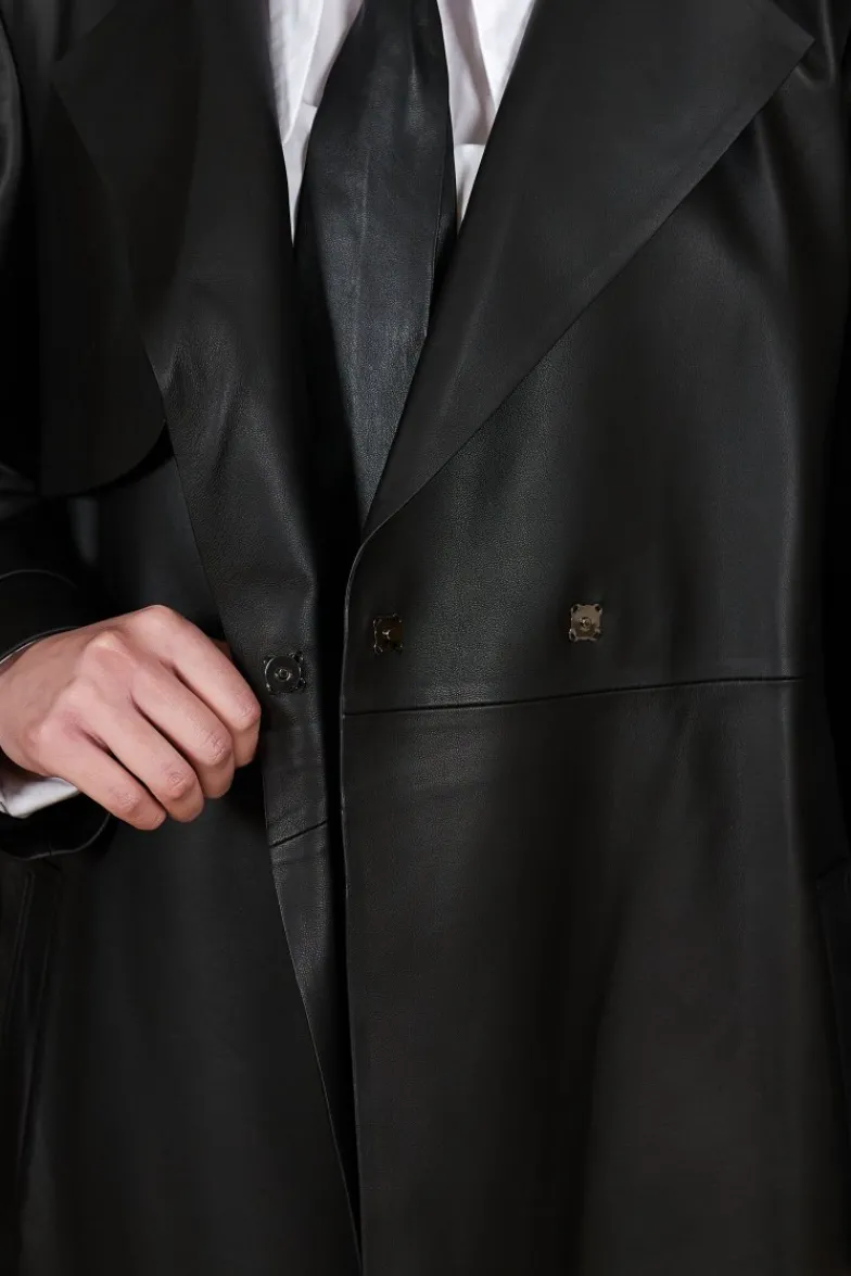 Donna D'Arienzo Sienna - Cappotto in pelle nera nappa effetto liscio con cintura