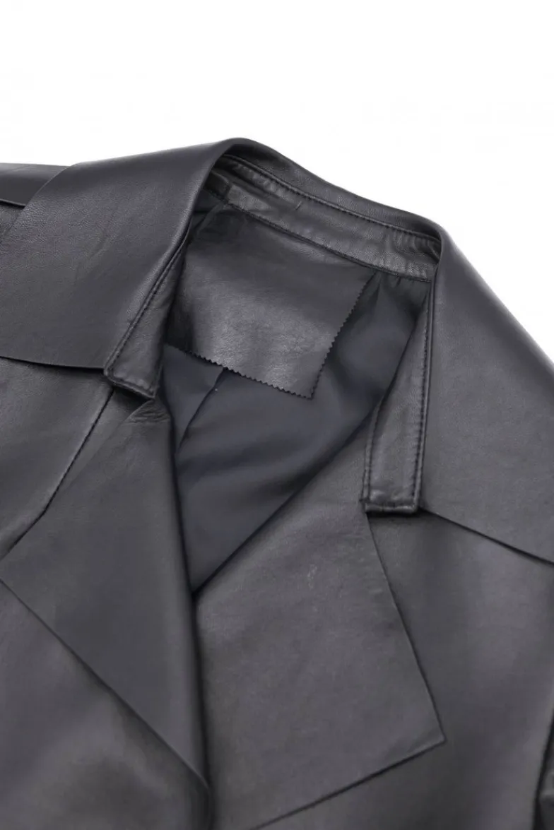 Donna D'Arienzo Sienna - Cappotto in pelle nera nappa effetto liscio con cintura