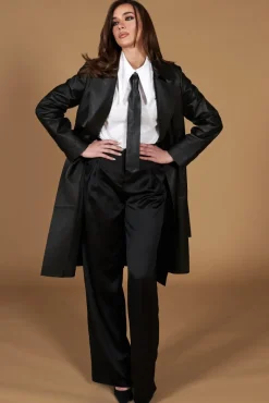 Donna D'Arienzo Sienna - Cappotto in pelle nera nappa effetto liscio con cintura