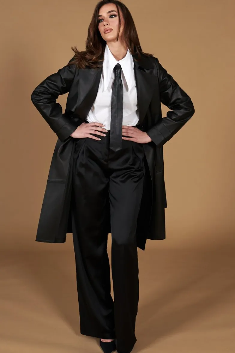 Donna D'Arienzo Sienna - Cappotto in pelle nera nappa effetto liscio con cintura