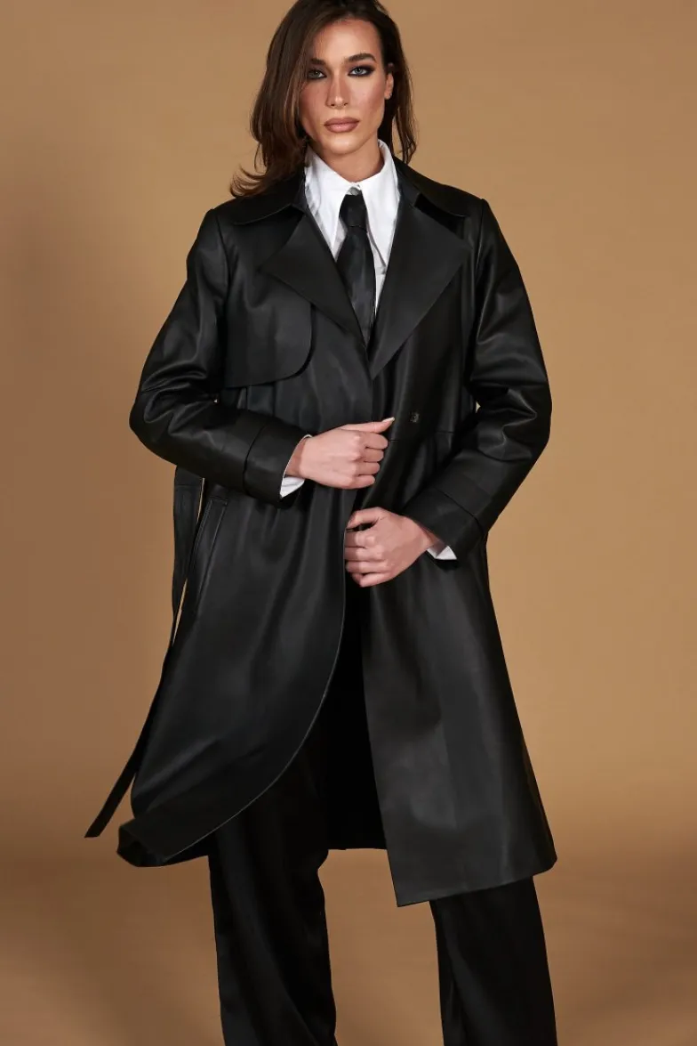 Donna D'Arienzo Sienna - Cappotto in pelle nera nappa effetto liscio con cintura