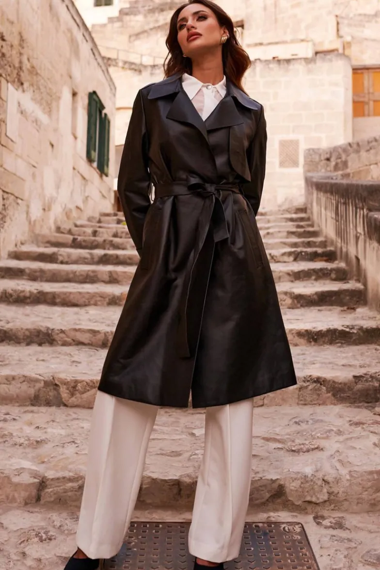 Donna D'Arienzo Sienna - Cappotto in pelle nera nappa effetto liscio con cintura