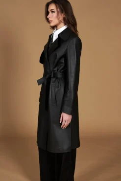 Donna D'Arienzo Sienna - Cappotto in pelle nera nappa effetto liscio con cintura