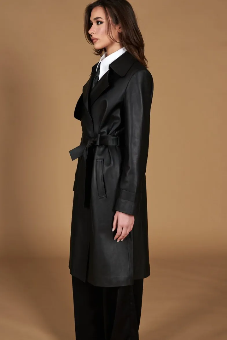 Donna D'Arienzo Sienna - Cappotto in pelle nera nappa effetto liscio con cintura