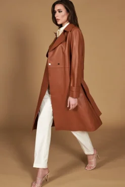 Donna D'Arienzo Sienna - Cappotto in pelle cuoio nappa effetto liscio con cintura