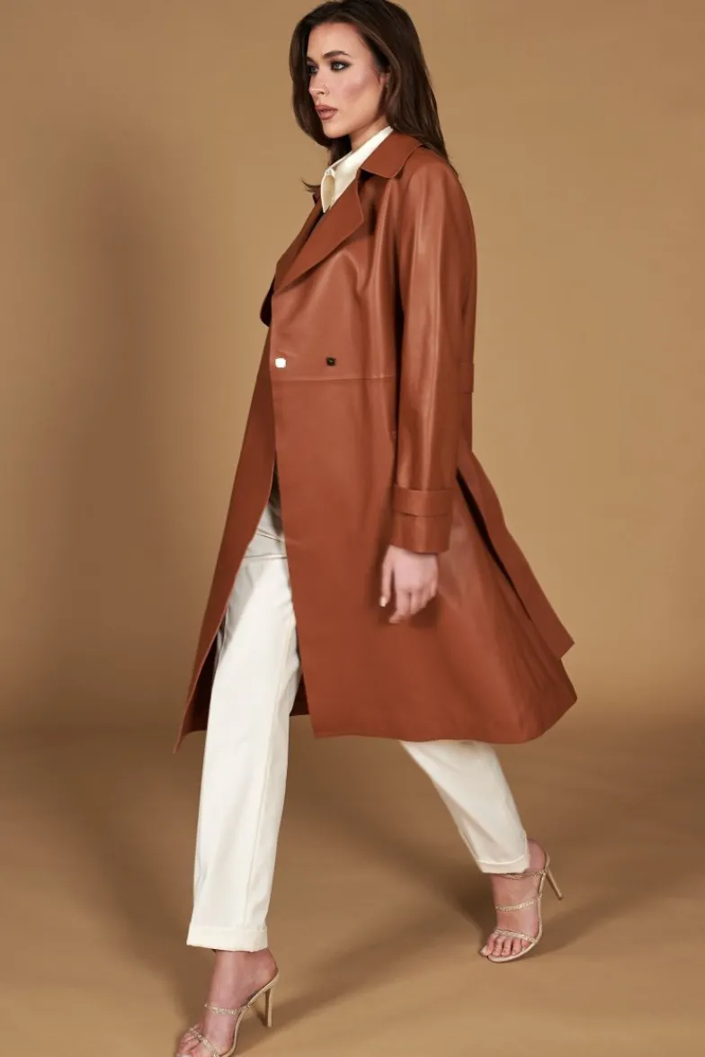 Donna D'Arienzo Sienna - Cappotto in pelle cuoio nappa effetto liscio con cintura