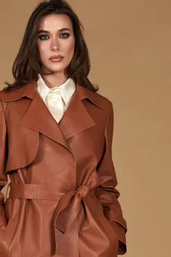 Donna D'Arienzo Sienna - Cappotto in pelle cuoio nappa effetto liscio con cintura