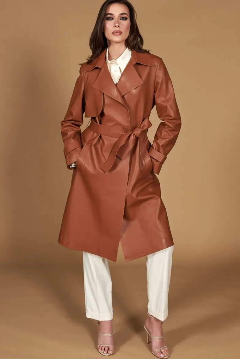 Donna D'Arienzo Sienna - Cappotto in pelle cuoio nappa effetto liscio con cintura