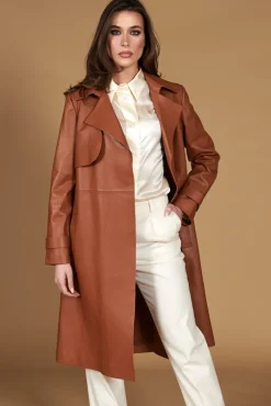Donna D'Arienzo Sienna - Cappotto in pelle cuoio nappa effetto liscio con cintura