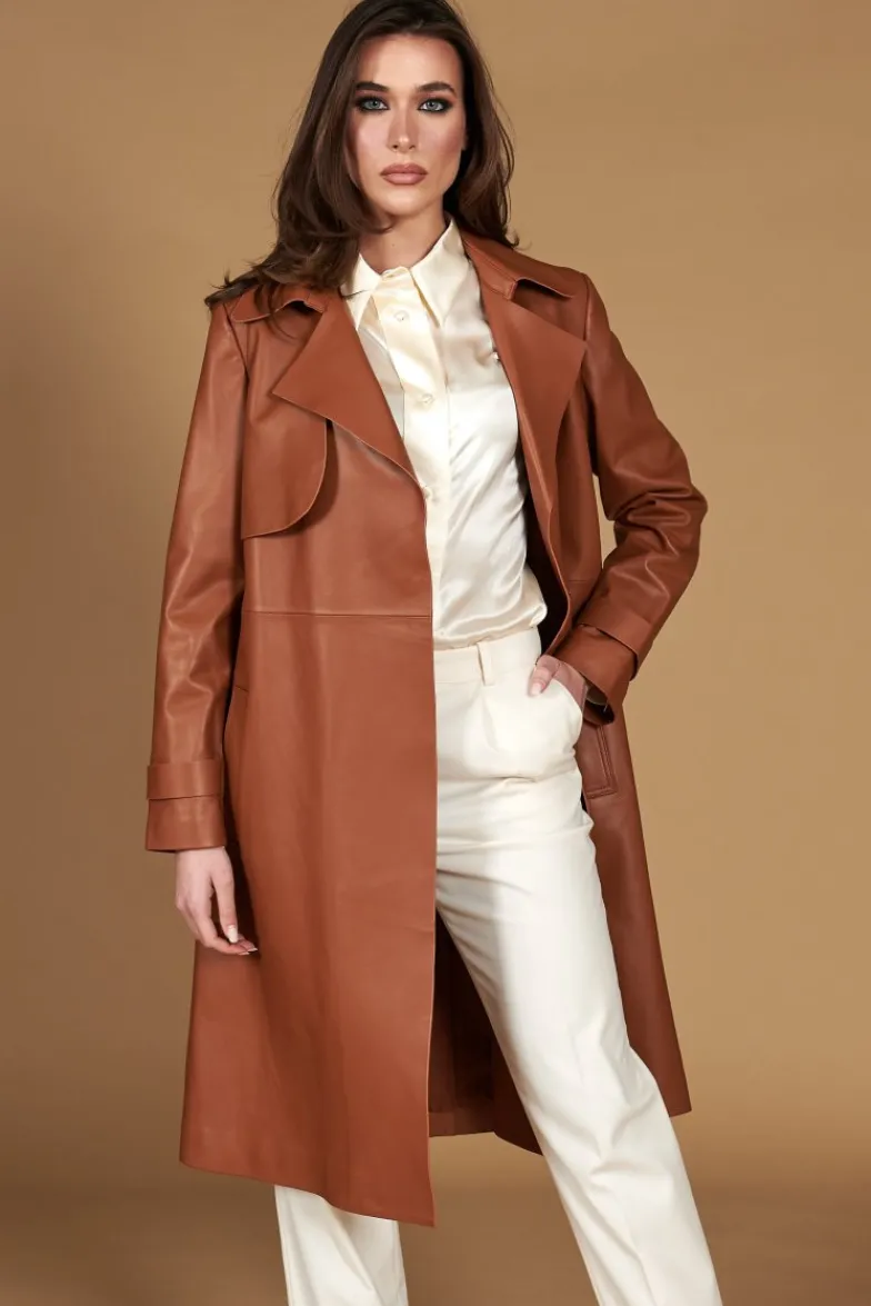 Donna D'Arienzo Sienna - Cappotto in pelle cuoio nappa effetto liscio con cintura