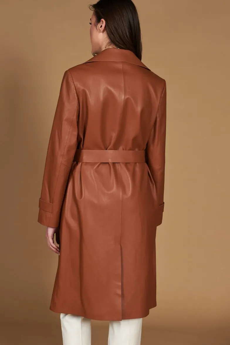 Donna D'Arienzo Sienna - Cappotto in pelle cuoio nappa effetto liscio con cintura