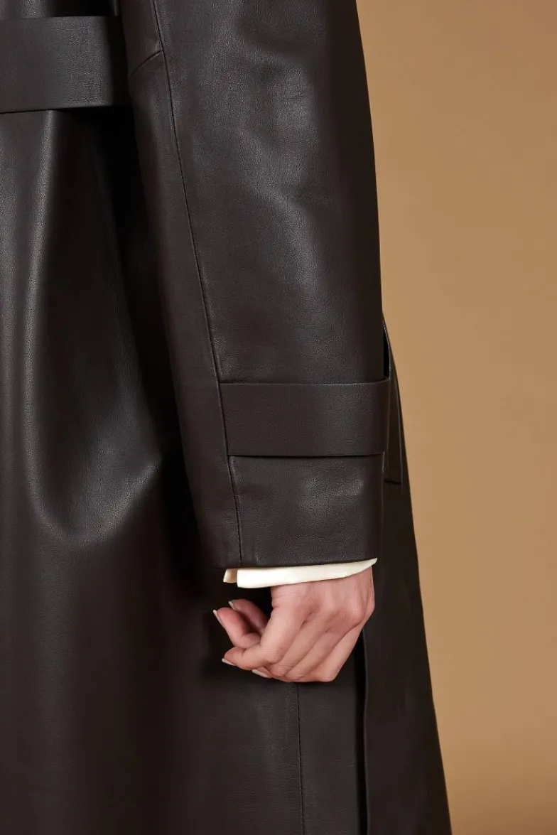 Donna D'Arienzo Sienna - Cappotto in pelle testa di moro effetto liscio con cintura