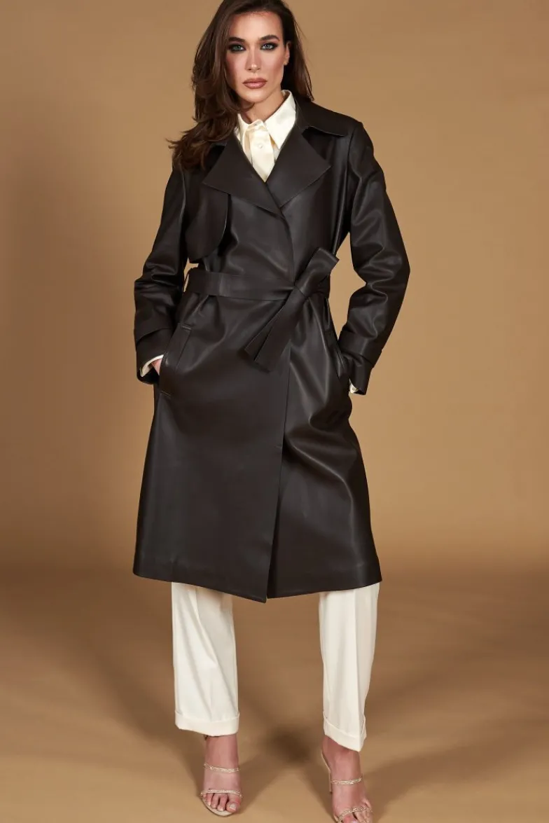 Donna D'Arienzo Sienna - Cappotto in pelle testa di moro effetto liscio con cintura