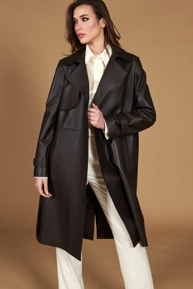 Donna D'Arienzo Sienna - Cappotto in pelle testa di moro effetto liscio con cintura