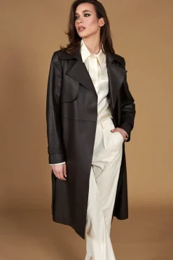 Donna D'Arienzo Sienna - Cappotto in pelle testa di moro effetto liscio con cintura