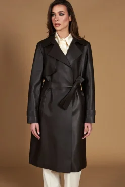 Donna D'Arienzo Sienna - Cappotto in pelle testa di moro effetto liscio con cintura